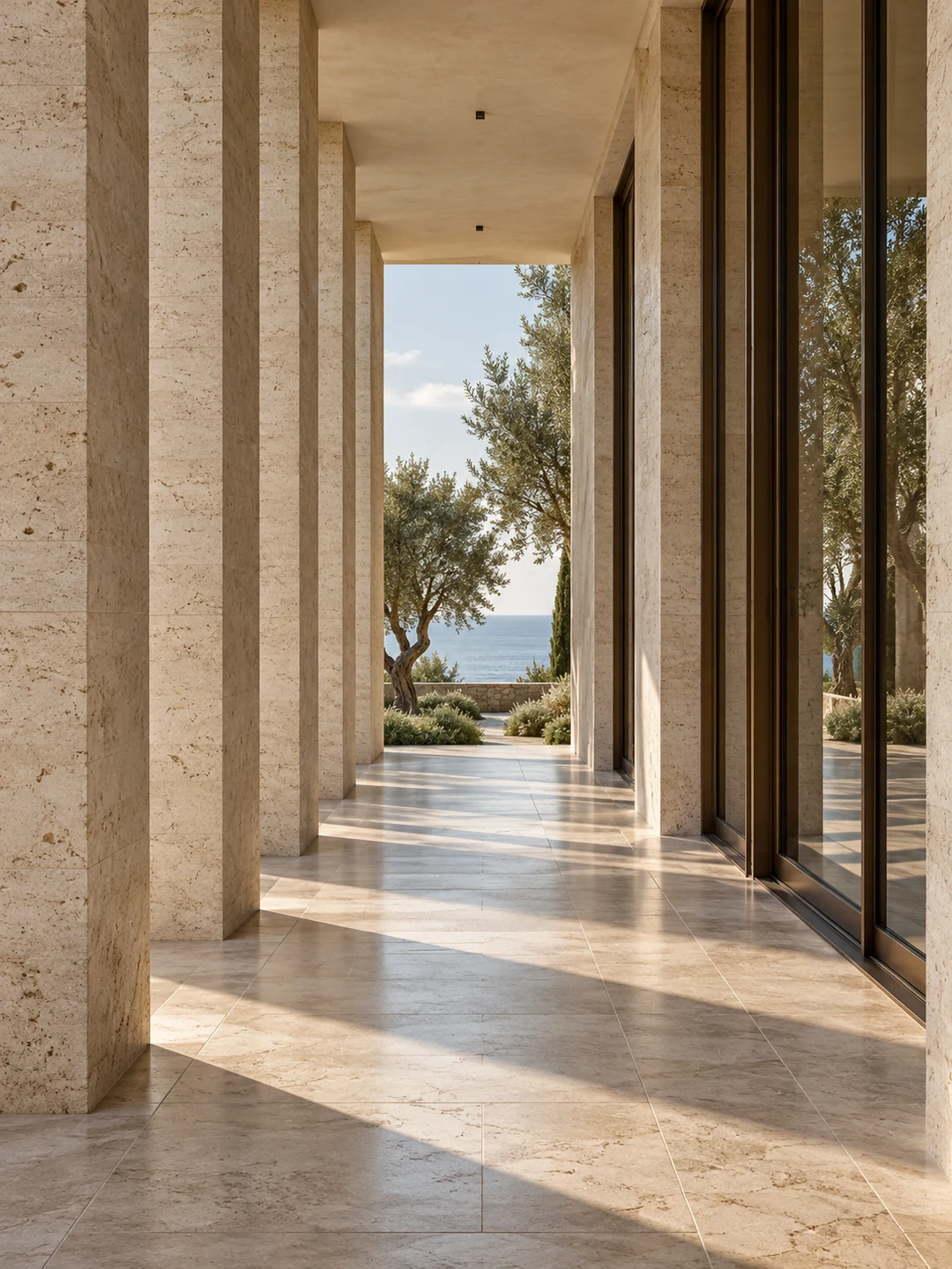 Πέτρινη στοά με φως και σκιά που ανοίγεται σε κήπο με ελιές