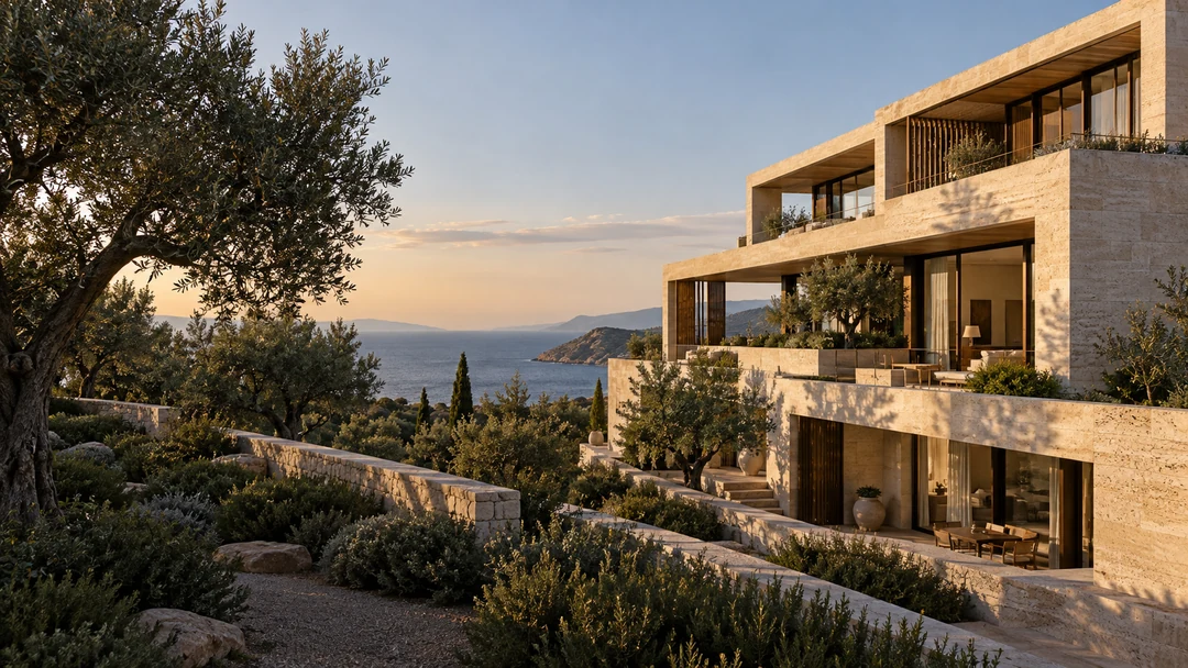 Πέτρινες όψεις και βεράντες με θέα στη θάλασσα ανάμεσα σε ελαιόδεντρα
