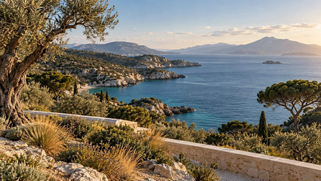 Μεσογειακό τοπίο με ελαιώνες, βραχώδεις ακτές και γαλάζιους κόλπους